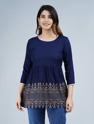 Blue foil printed rayon flared style short kurti 1