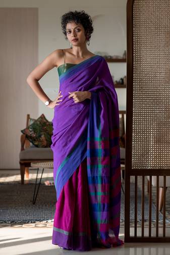 Suta multicolor striped blended cotton tassels saree