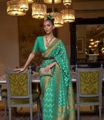 Green Banarasi Copper Zari Woven Khaddi Silk Saree With Blouse For Women