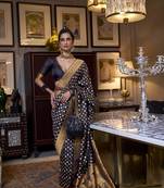 Black Banarasi Copper Zari Woven Khaddi Silk Saree With Blouse For Women