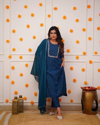 Petrol Rayon Slub Fabric Embroidered work Straight cut Kurta Pant and Dupatta Set 1