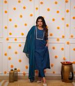 Petrol Rayon Slub Fabric Embroidered work Straight cut Kurta Pant and Dupatta Set