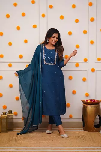 Petrol Rayon Slub Fabric Embroidered work Straight cut Kurta Pant and Dupatta Set