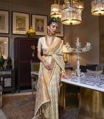 Beige Banarasi Copper Zari Woven Khaddi Silk Saree With Blouse For Women