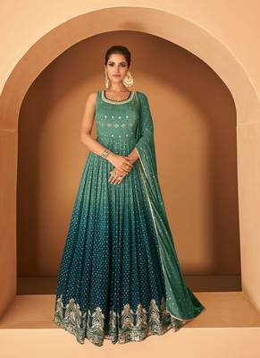 Teal Green Embroidered Georgette Stitched Gown Suit. (Size Upto 42)  Free size full stitched Up To 42" Size 1