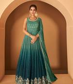 Teal Green Embroidered Georgette Stitched Gown Suit. (Size Upto 42)  Free size full stitched Up To 42" Size