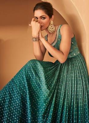 Teal Green Embroidered Georgette Stitched Gown Suit. (Size Upto 42)  Free size full stitched Up To 42" Size 2