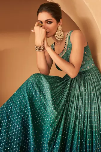 Teal Green Embroidered Georgette Stitched Gown Suit. (Size Upto 42)  Free size full stitched Up To 42" Size