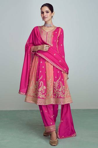 Pink Embroidered Silk Stitched Punjabi Salwar Suit Up To 42" Size