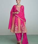 Pink Embroidered Silk Stitched Punjabi Salwar Suit Up To 42" Size