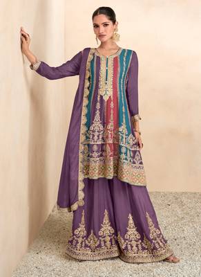 Purple Embroidered Chinnon Free Size Stitched Anarkali Suit (Size Upto 42) Free size full stitched Up To 42" Size 1