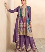 Purple Embroidered Chinnon Free Size Stitched Anarkali Suit (Size Upto 42) Free size full stitched Up To 42" Size