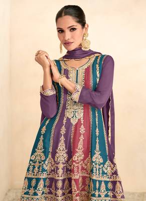 Purple Embroidered Chinnon Free Size Stitched Anarkali Suit (Size Upto 42) Free size full stitched Up To 42" Size 2