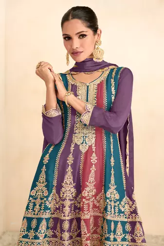 Purple Embroidered Chinnon Free Size Stitched Anarkali Suit (Size Upto 42) Free size full stitched Up To 42" Size