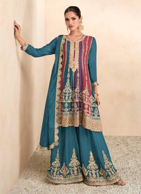 Teal Blue Embroidered Chinnon Free Size Stitched Anarkali Suit (Size Upto 42) Free size full stitched Up To 42" Size 1