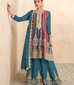 Teal Blue Embroidered Chinnon Free Size Stitched Anarkali Suit (Size Upto 42) Free size full stitched Up To 42" Size