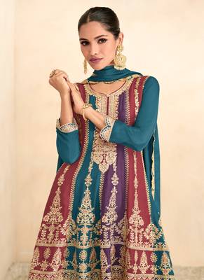 Teal Blue Embroidered Chinnon Free Size Stitched Anarkali Suit (Size Upto 42) Free size full stitched Up To 42" Size 2