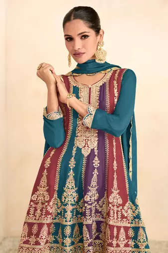 Teal Blue Embroidered Chinnon Free Size Stitched Anarkali Suit (Size Upto 42) Free size full stitched Up To 42" Size