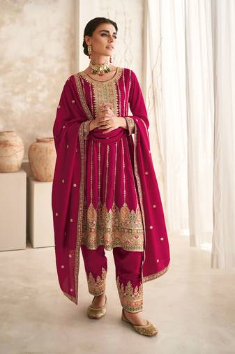 Pink Embroidered Art Silk Stitched Anarkali Suit Free size full stitched Up To 42" Size