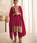 Pink Embroidered Art Silk Stitched Anarkali Suit Free size full stitched Up To 42" Size