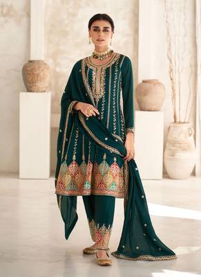 Green Embroidered Art Silk Stitched Anarkali Suit Free size full stitched Up To 42" Size 1