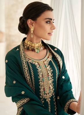 Green Embroidered Art Silk Stitched Anarkali Suit Free size full stitched Up To 42" Size 2
