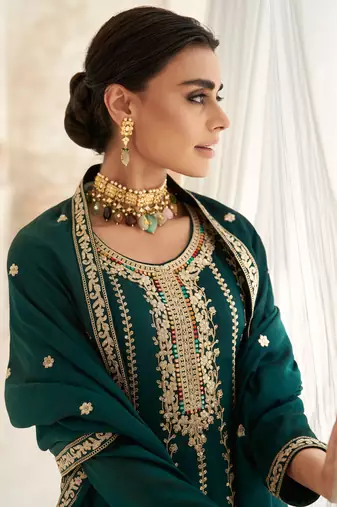 Green Embroidered Art Silk Stitched Anarkali Suit Free size full stitched Up To 42" Size