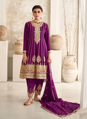 Wine Embroidered Art Silk Free Size Stitched Anarkali Suit (Size Upto 42) Free size full stitched Up To 42" Size 1