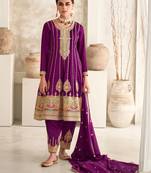 Wine Embroidered Art Silk Free Size Stitched Anarkali Suit (Size Upto 42) Free size full stitched Up To 42" Size