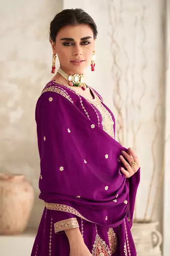 Wine Embroidered Art Silk Free Size Stitched Anarkali Suit (Size Upto 42) Free size full stitched Up To 42" Size