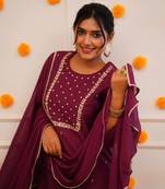 Wine Rayon Slub Fabric Embroidered work Straight cut Kurta, Pant and Dupatta Set