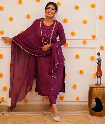 Wine Rayon Slub Embroidered work Straight cut Kurta Pant and Dupatta Set 2