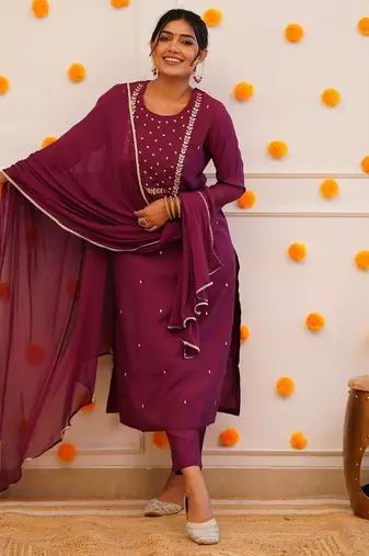 Wine Rayon Slub Embroidered work Straight cut Kurta Pant and Dupatta Set