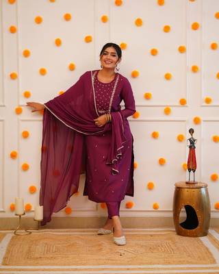 Wine Rayon Slub Embroidered work Straight cut Kurta Pant and Dupatta Set 3