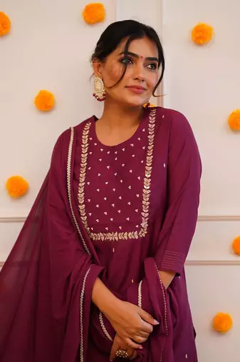 Wine Rayon Slub Embroidered work Straight cut Kurta Pant and Dupatta Set