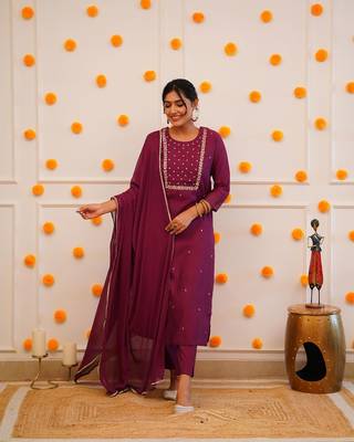 Wine Rayon Slub Embroidered work Straight cut Kurta Pant and Dupatta Set 5