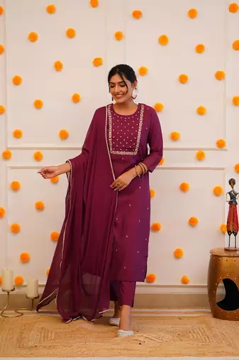 Wine Rayon Slub Embroidered work Straight cut Kurta Pant and Dupatta Set