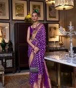 Purple Banarasi Copper Zari Woven Khaddi Silk Saree With Blouse For Women