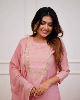 Peach Rayon Slub Embroidered work Straight cut Kurta Pant and Dupatta Set 1
