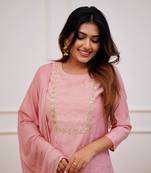 Peach Rayon Slub Fabric Embroidered work Straight cut Kurta, Pant and Dupatta Set