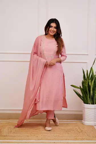 Peach Rayon Slub Embroidered work Straight cut Kurta Pant and Dupatta Set