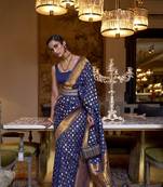 Navyblue Banarasi Copper Zari Woven Khaddi Silk Saree With Blouse For Women