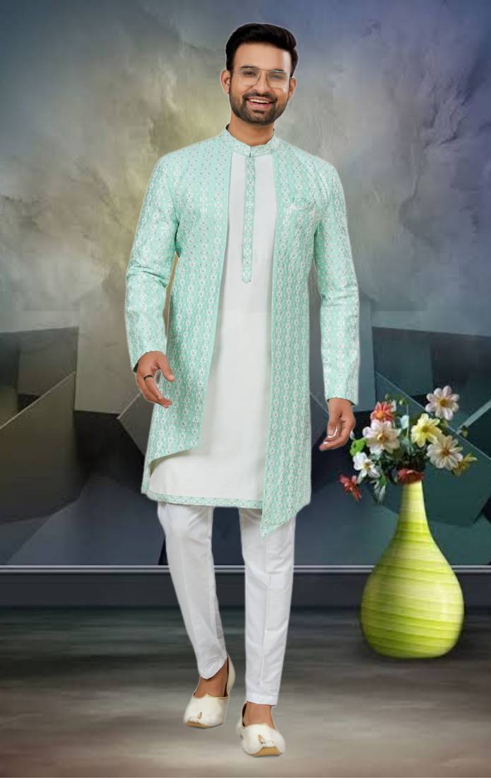 Men's sea green & off white indo western dresses set