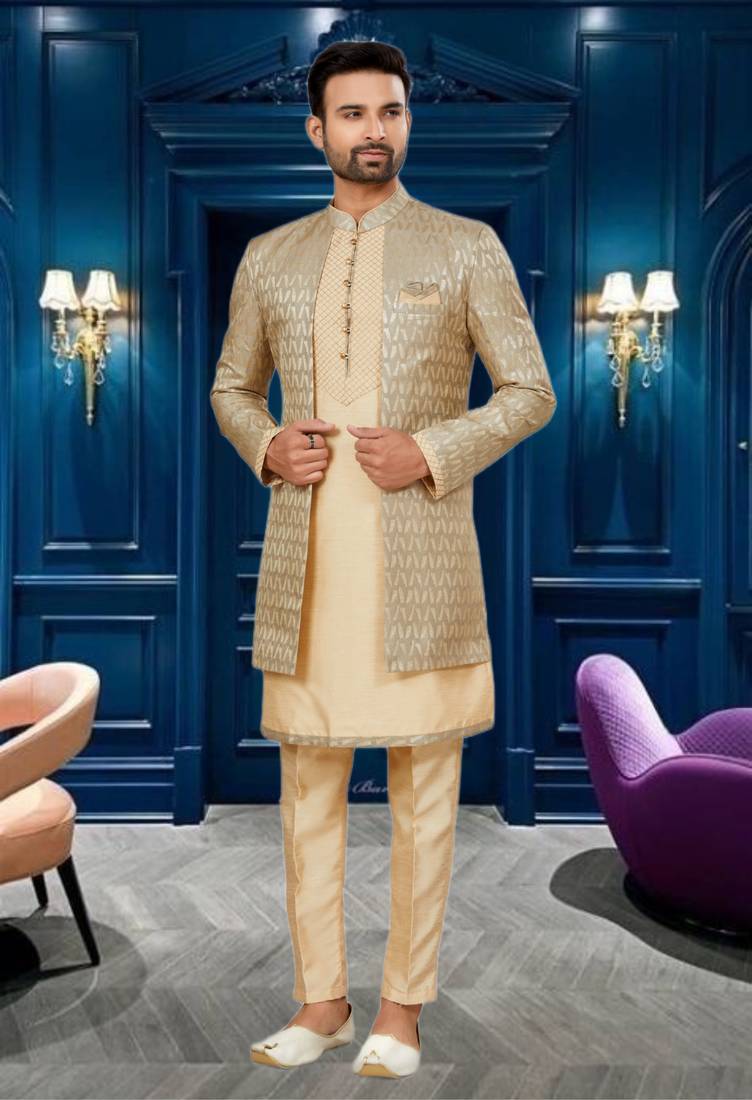 Men's chiku gold indo western dresses set Indian Poshakh 4296319