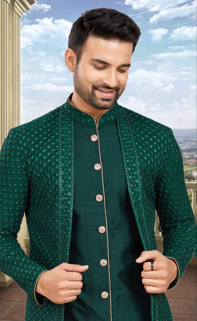 emerald green criss cross dress pretty little thing GREEN SEQUINS WORK PARTYWEAR INDO WESTERN – Sachin's