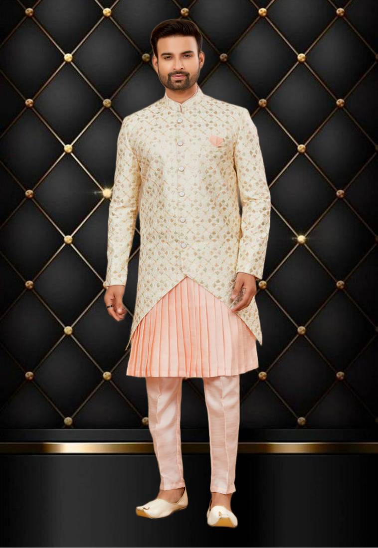 Men's off white & peach indo western dresses set