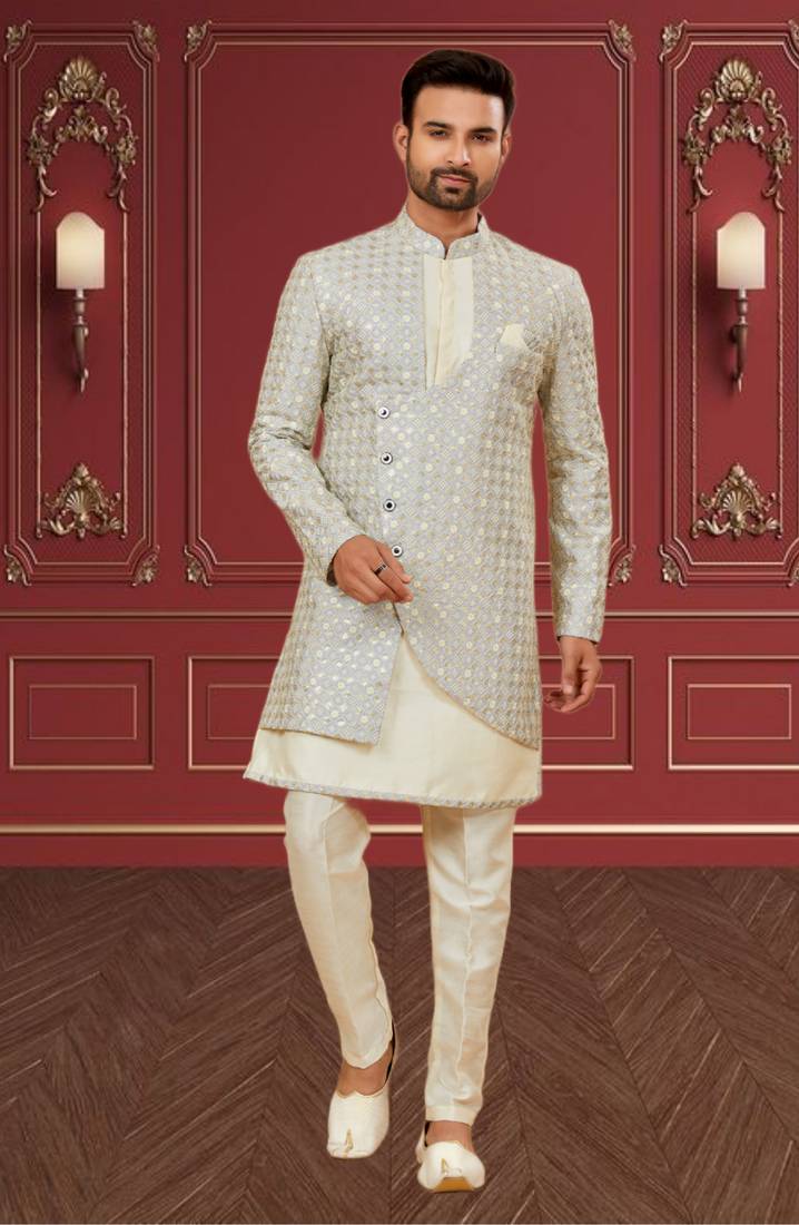 Men's silver & cream indo western dresses set