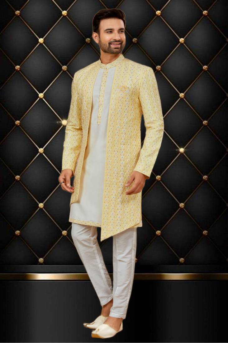 Men's yellow & off white indo western dresses set