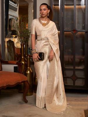 Beige Woven Georgette Event Wear Saree With Blouse For Women  1
