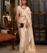 Beige Woven Georgette Event Wear Saree With Blouse For Women